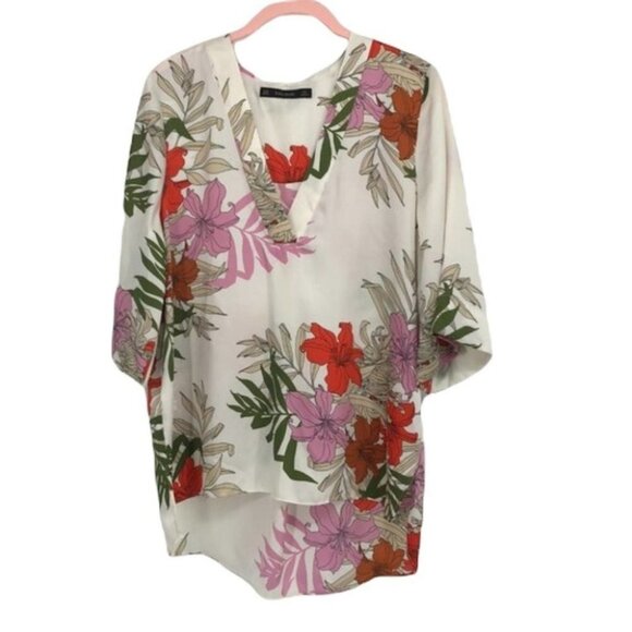 Zara floral botanical garden print ivory white V neck blouse  2/3 sleeves - Picture 1 of 14
